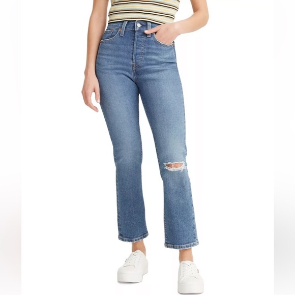 Levi's Wedgie Straight Jeans Button Fly Size 32 High Rise Distressed Denim - Picture 1 of 14